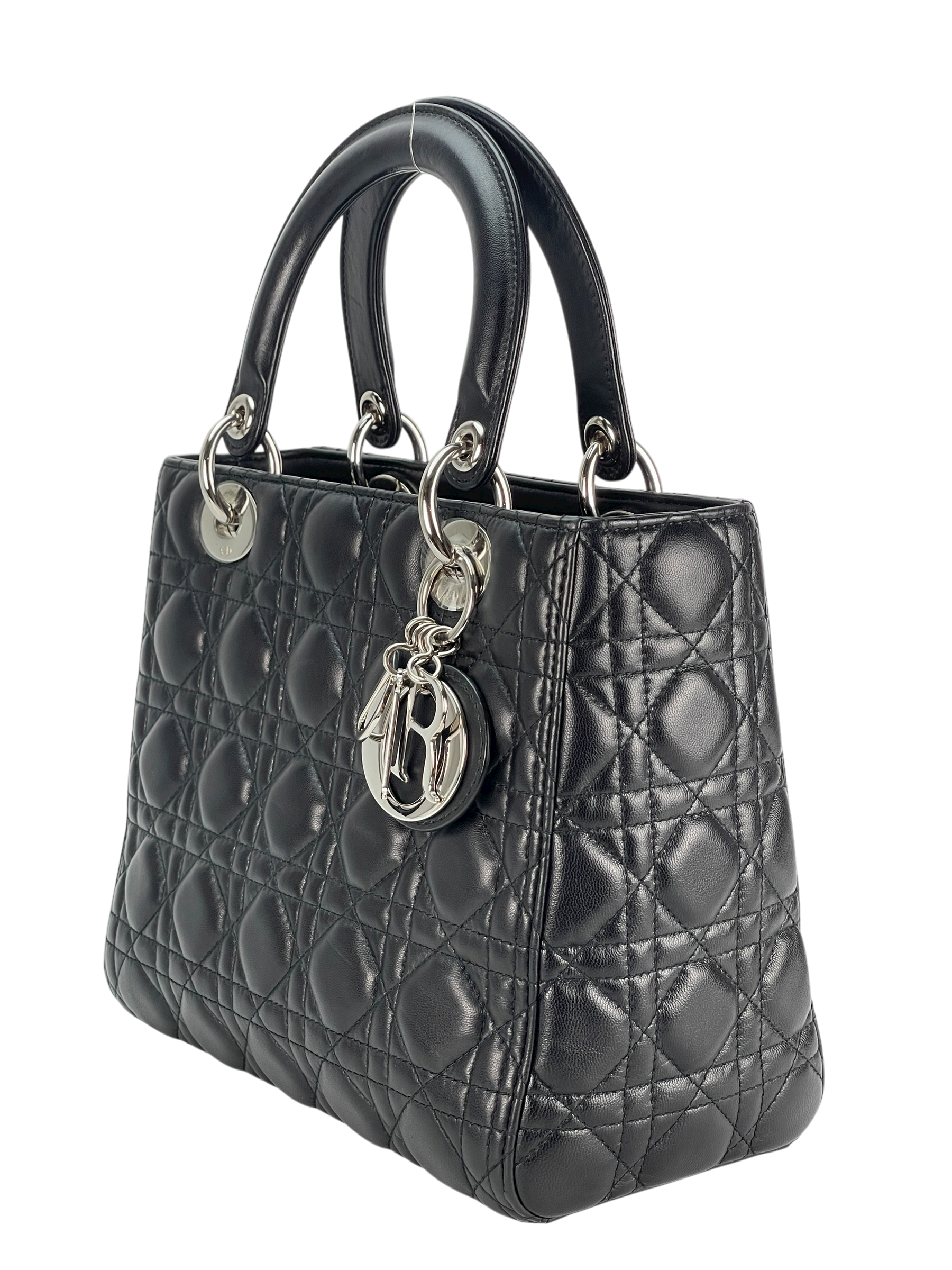 CHRISTIAN DIOR - Black lambskin Lady Dior 2way Handbag Sliver Hardware