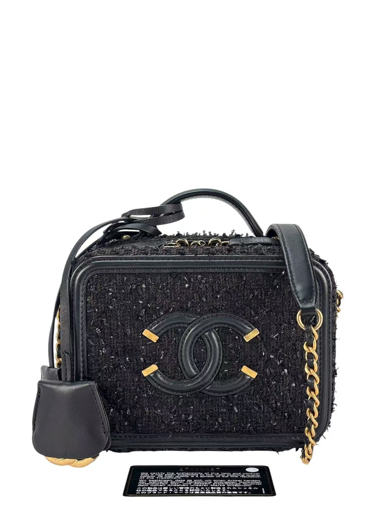 CHANEL - Black Leather Tweed CC Camera Vanity Bag – Camellia