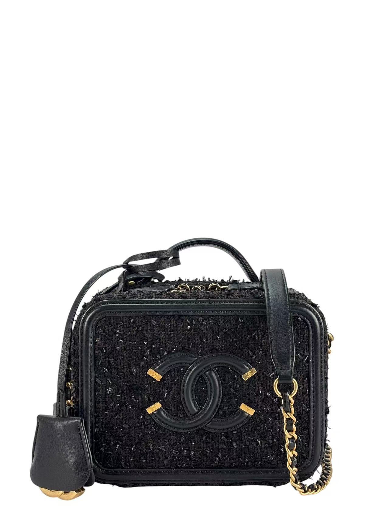 CHANEL - Black Leather Tweed CC Camera Vanity Bag – Camellia