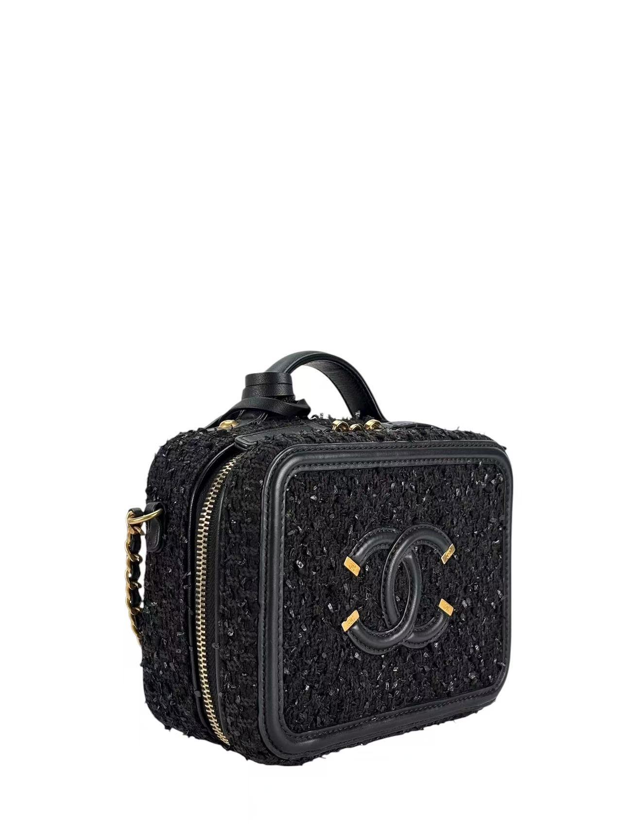 CHANEL - Black Leather Tweed CC Camera Vanity Bag – Camellia