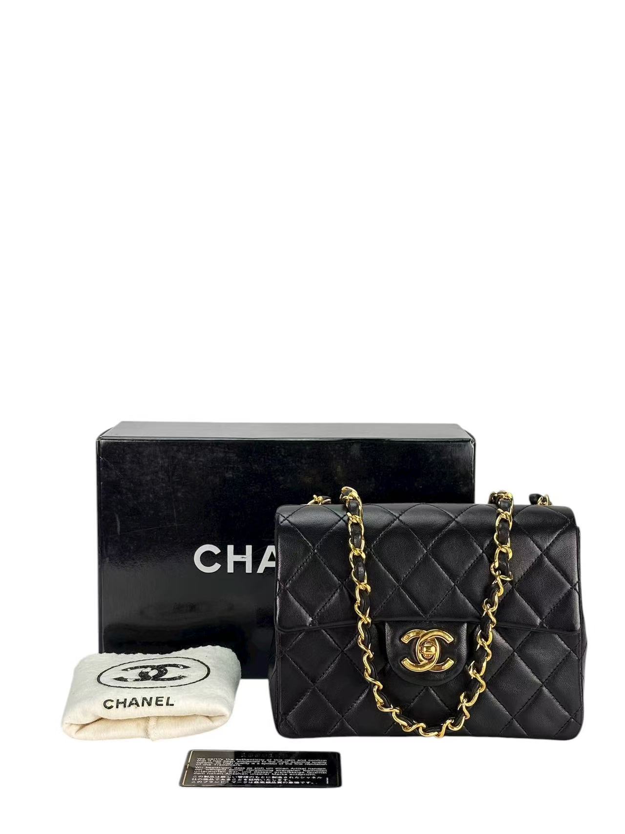 CHANEL - Black Lambskin Mini Classic Square Flap Shoulder Bag 17