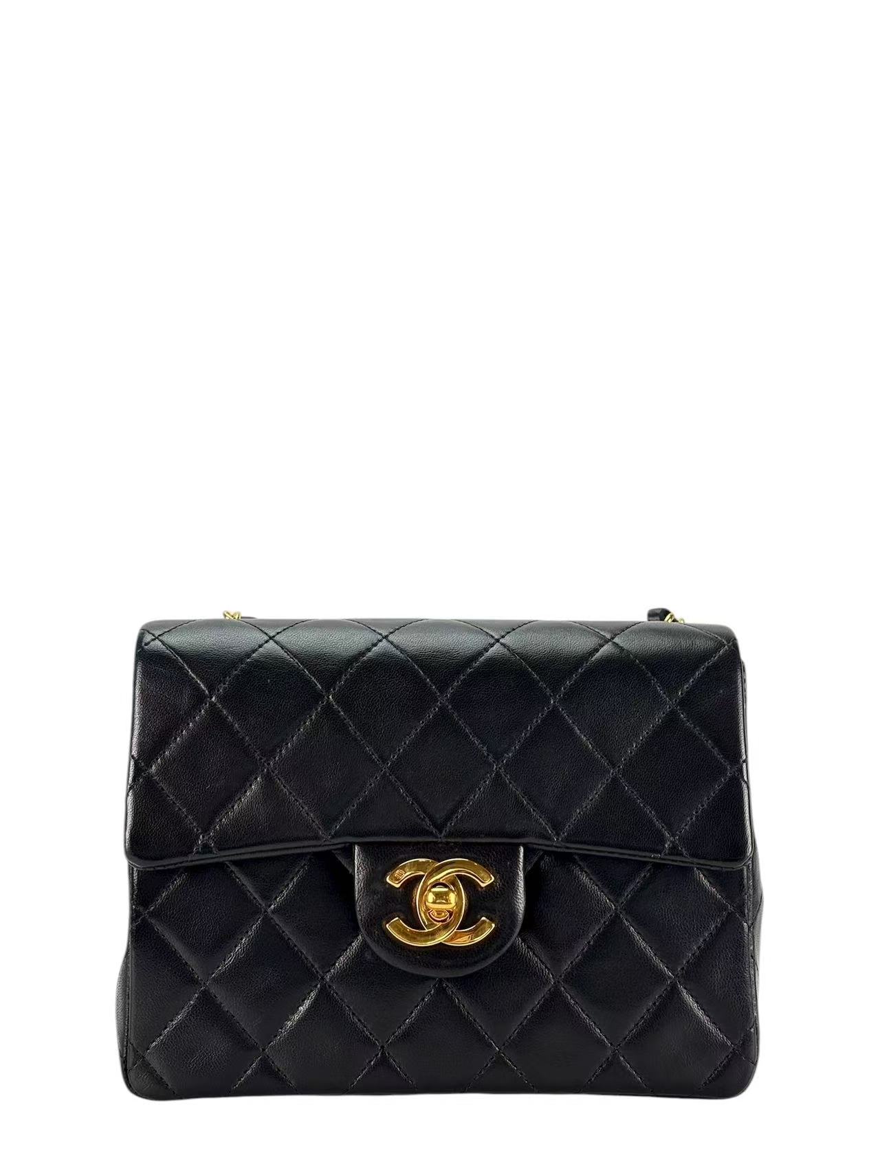 CHANEL - Black Lambskin Mini Classic Square Flap Shoulder Bag 17