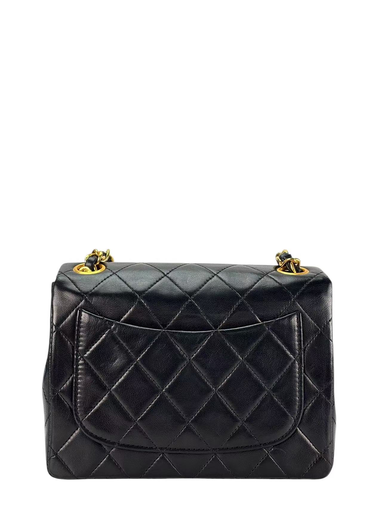CHANEL - Black Lambskin Mini Classic Square Flap Shoulder Bag 17