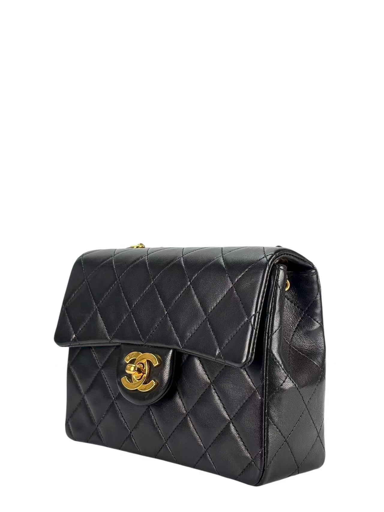 CHANEL - Black Lambskin Mini Classic Square Flap Shoulder Bag 17