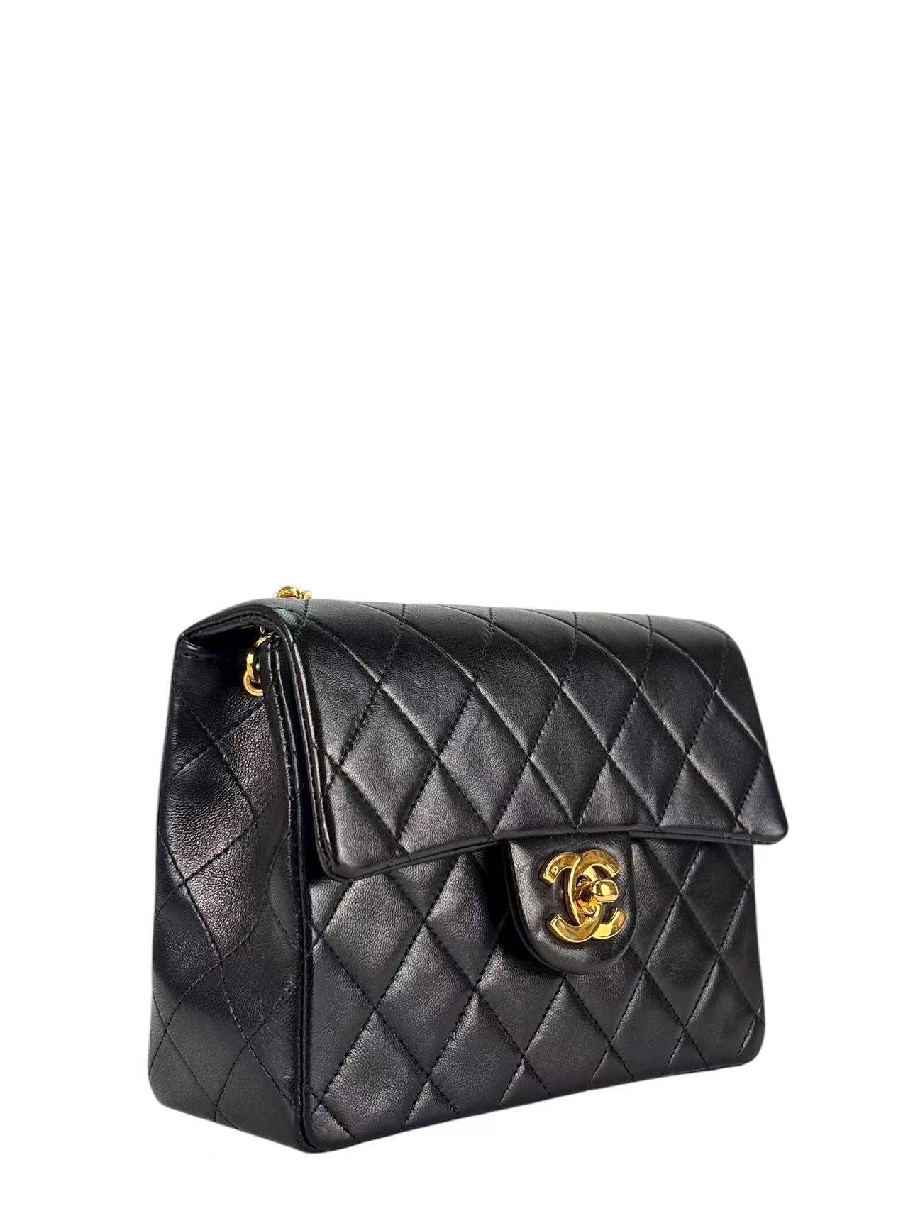 CHANEL - Black Lambskin Mini Classic Square Flap Shoulder Bag 17