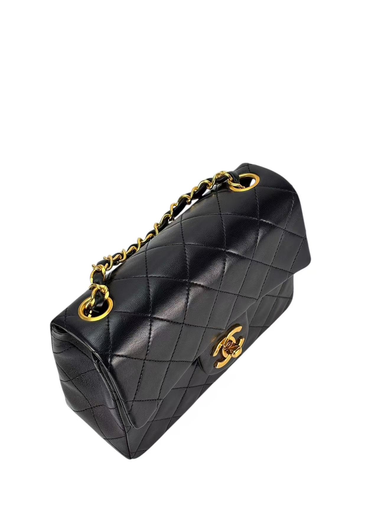 CHANEL - Black Lambskin Mini Classic Square Flap Shoulder Bag 17