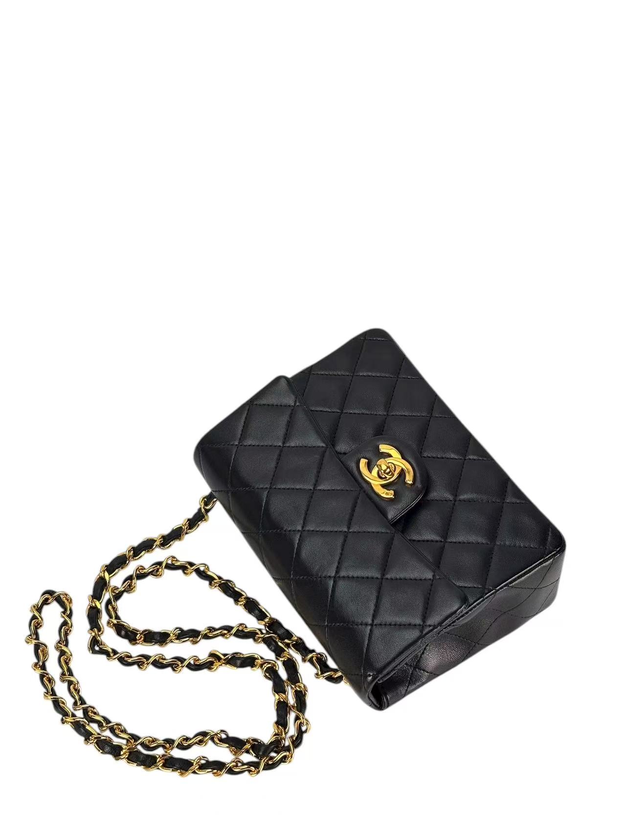 CHANEL - Black Lambskin Mini Classic Square Flap Shoulder Bag 17