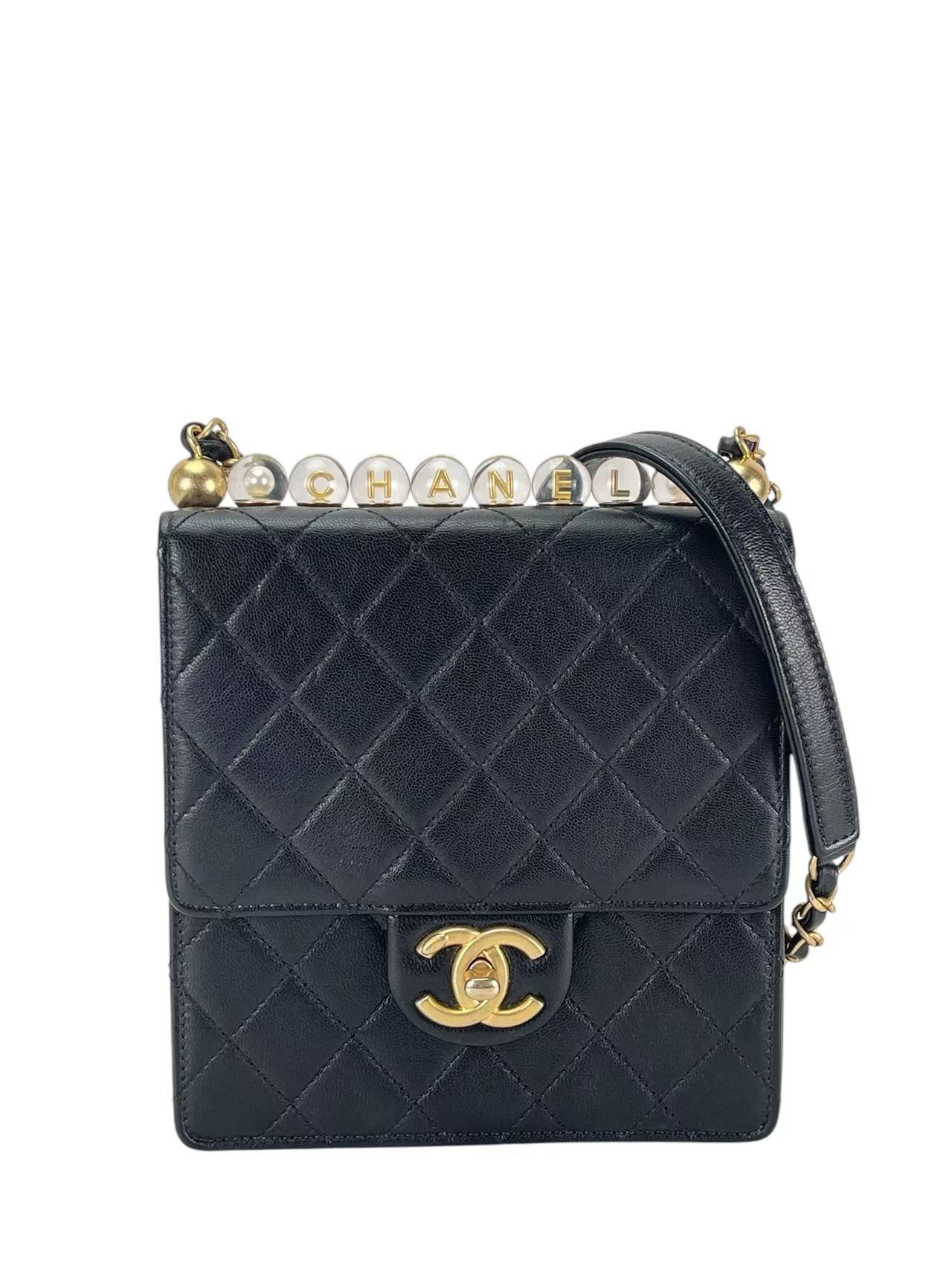 CHANEL - Lambskin Quilted Small Chic Pearls Flap Bag Black