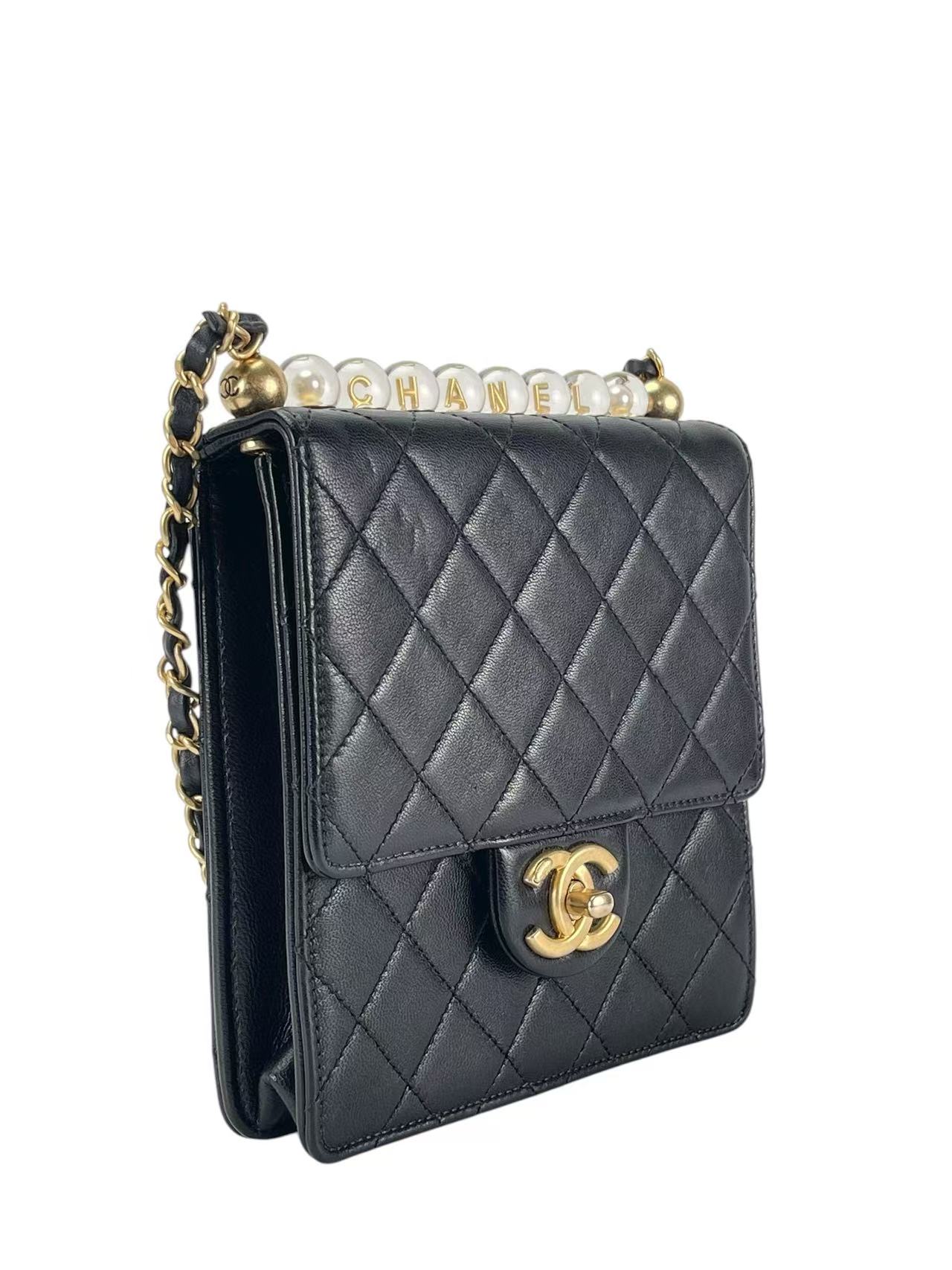 CHANEL - Lambskin Quilted Small Chic Pearls Flap Bag Black
