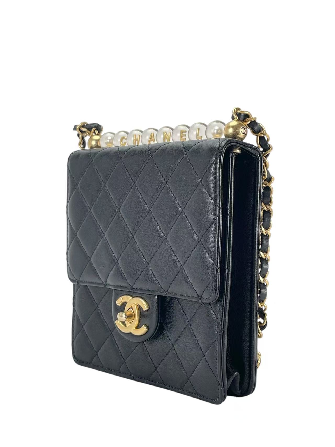 CHANEL - Lambskin Quilted Small Chic Pearls Flap Bag Black