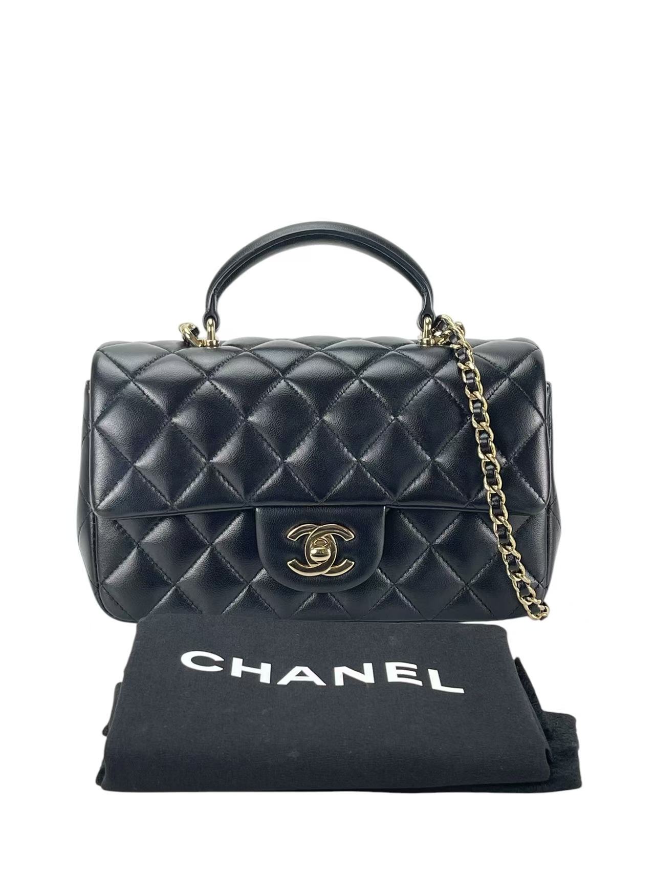CHANEL - Top Handle Mini Matlasse 20 Lambskin Chain Bag Black Gold Hardware
