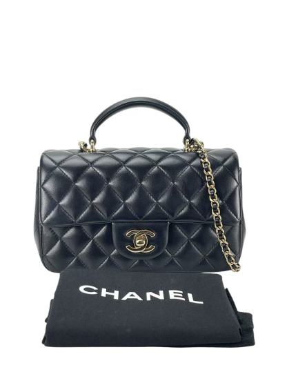 CHANEL - Top Handle Mini Matlasse 20 Lambskin Chain Bag Black Gold Hardware