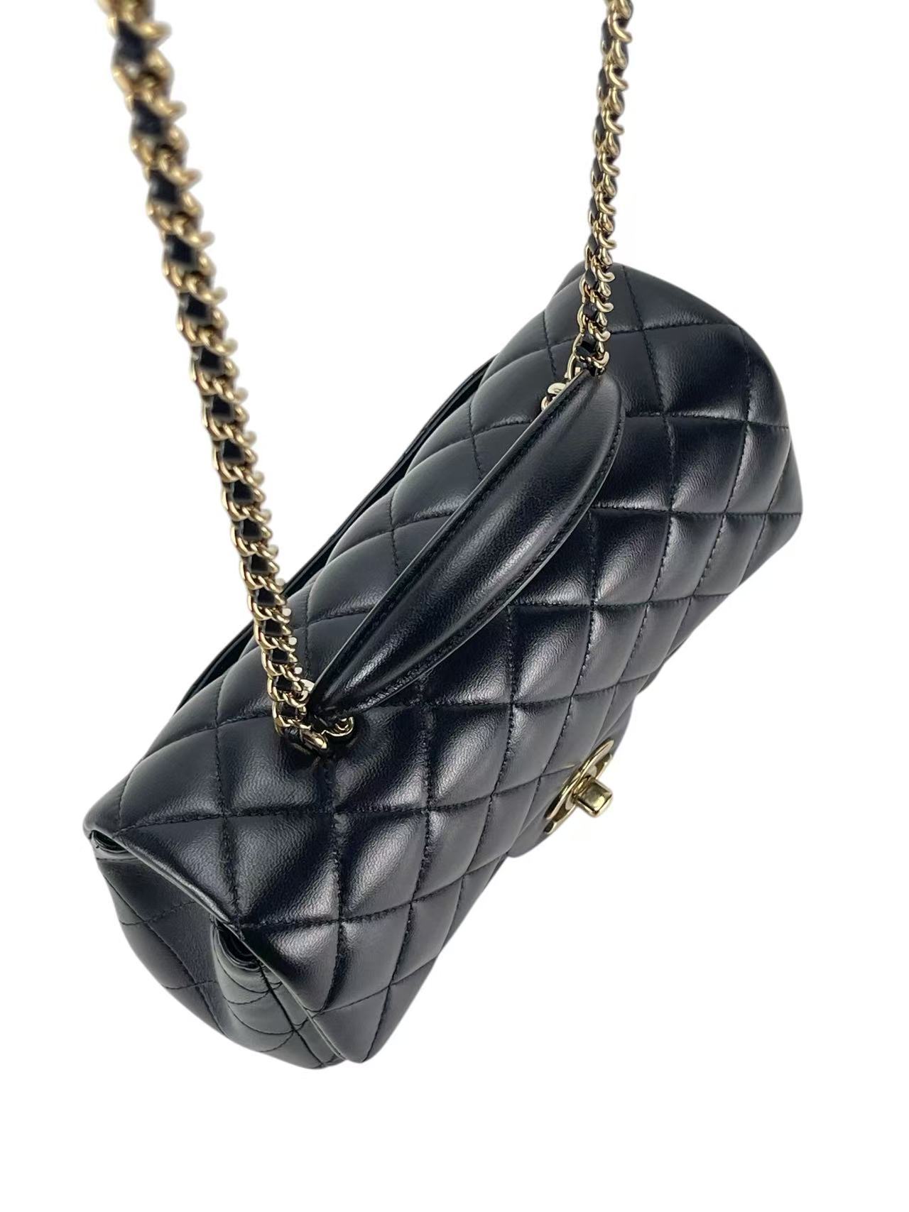CHANEL - Top Handle Mini Matlasse 20 Lambskin Chain Bag Black Gold Hardware