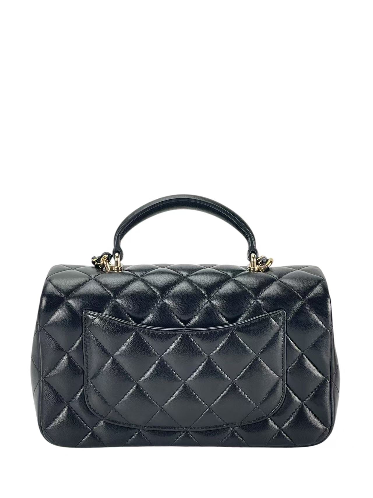 CHANEL - Top Handle Mini Matlasse 20 Lambskin Chain Bag Black Gold Hardware