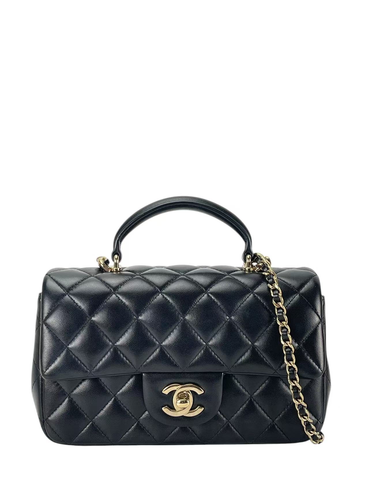 CHANEL - Top Handle Mini Matlasse 20 Lambskin Chain Bag Black Gold Hardware