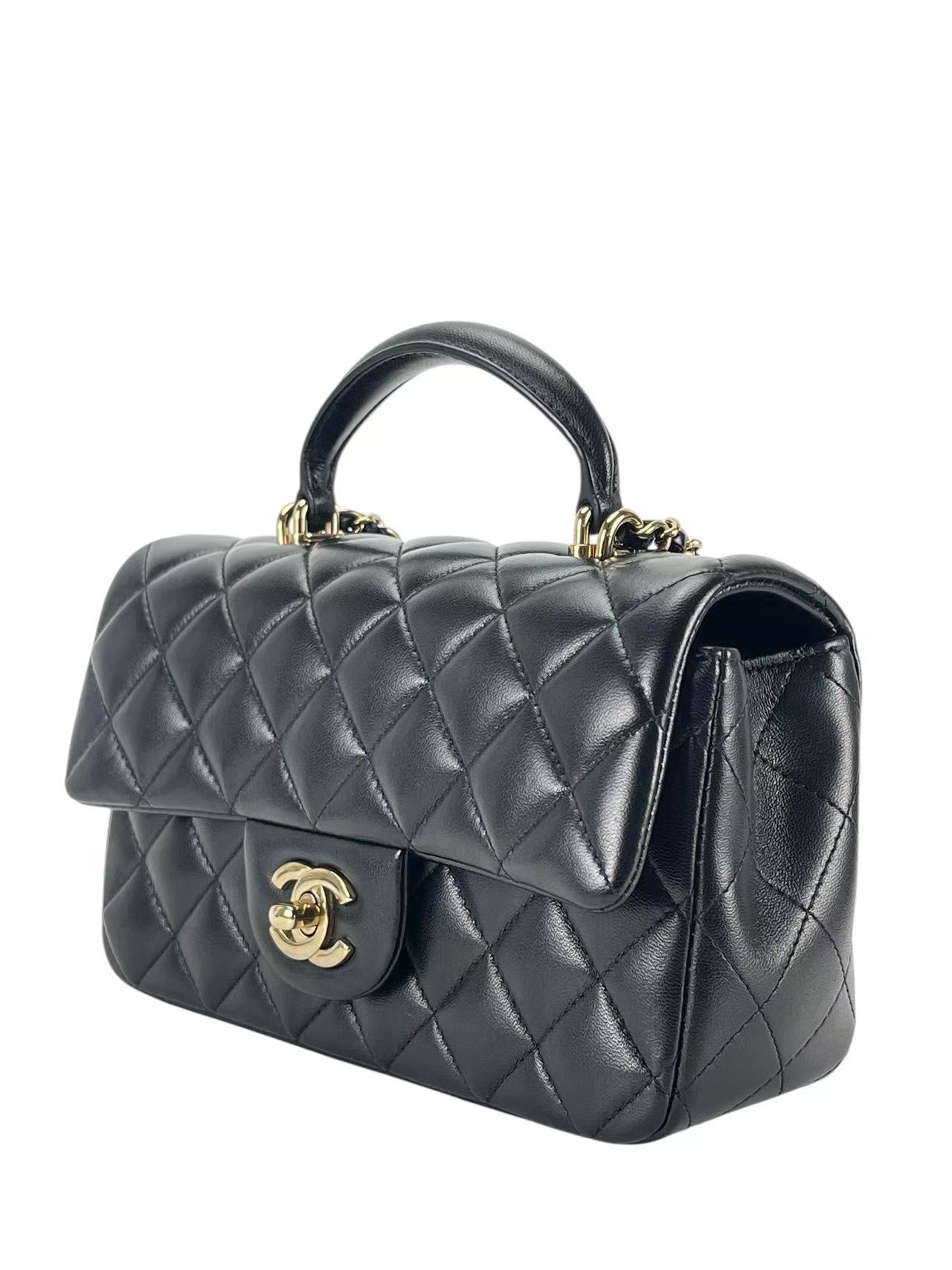 CHANEL - Top Handle Mini Matlasse 20 Lambskin Chain Bag Black Gold Hardware