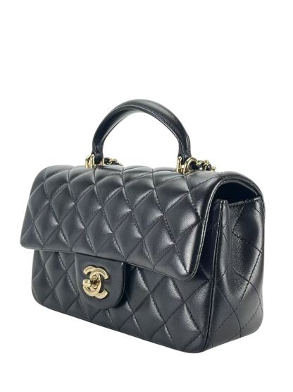 CHANEL - Top Handle Mini Matlasse 20 Lambskin Chain Bag Black Gold Hardware