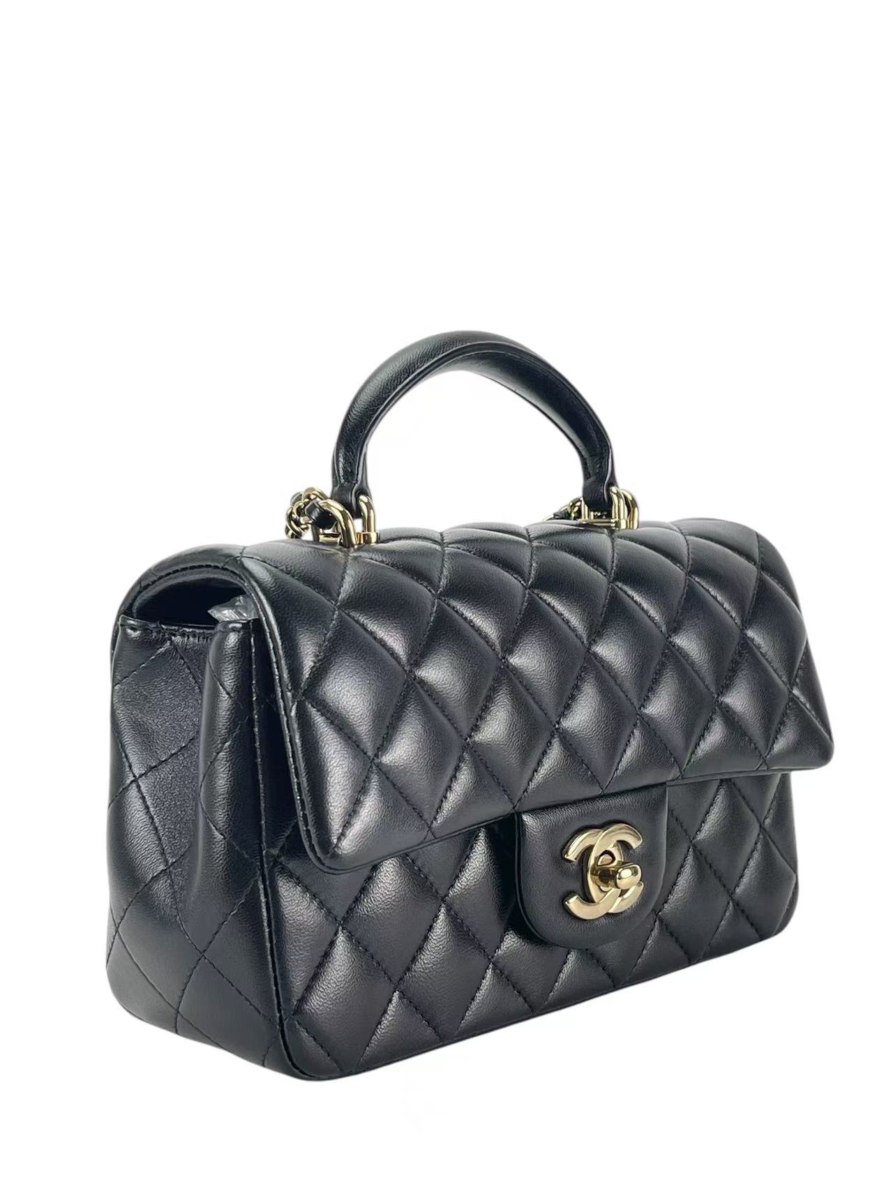 CHANEL - Top Handle Mini Matlasse 20 Lambskin Chain Bag Black Gold Hardware