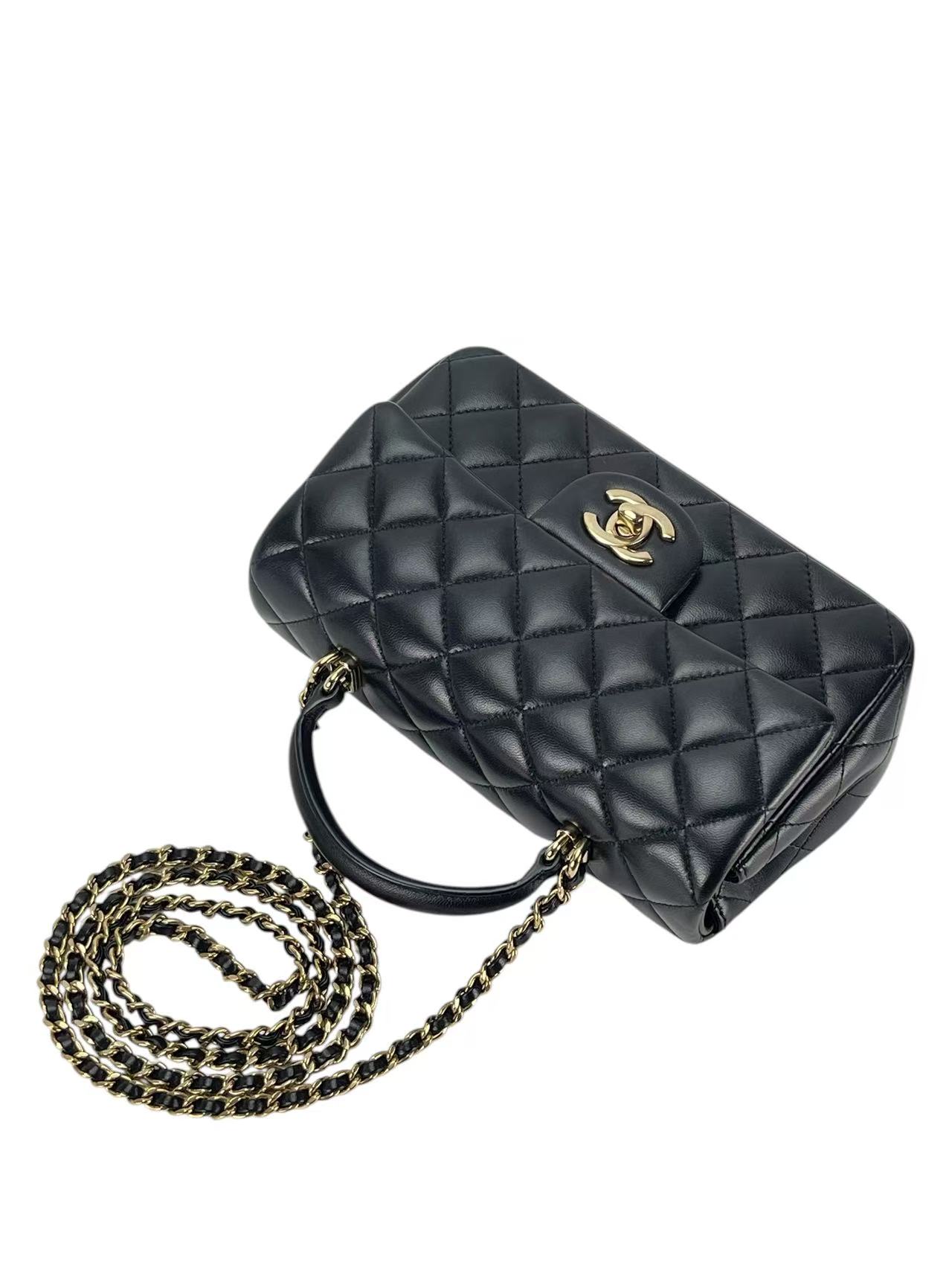 CHANEL - Top Handle Mini Matlasse 20 Lambskin Chain Bag Black Gold Hardware