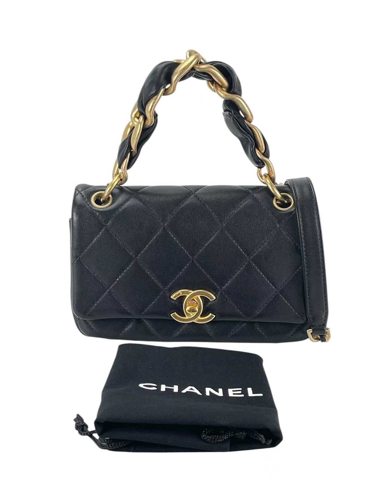 CHANEL - Black Calfskin Flap Bag with Top Handle