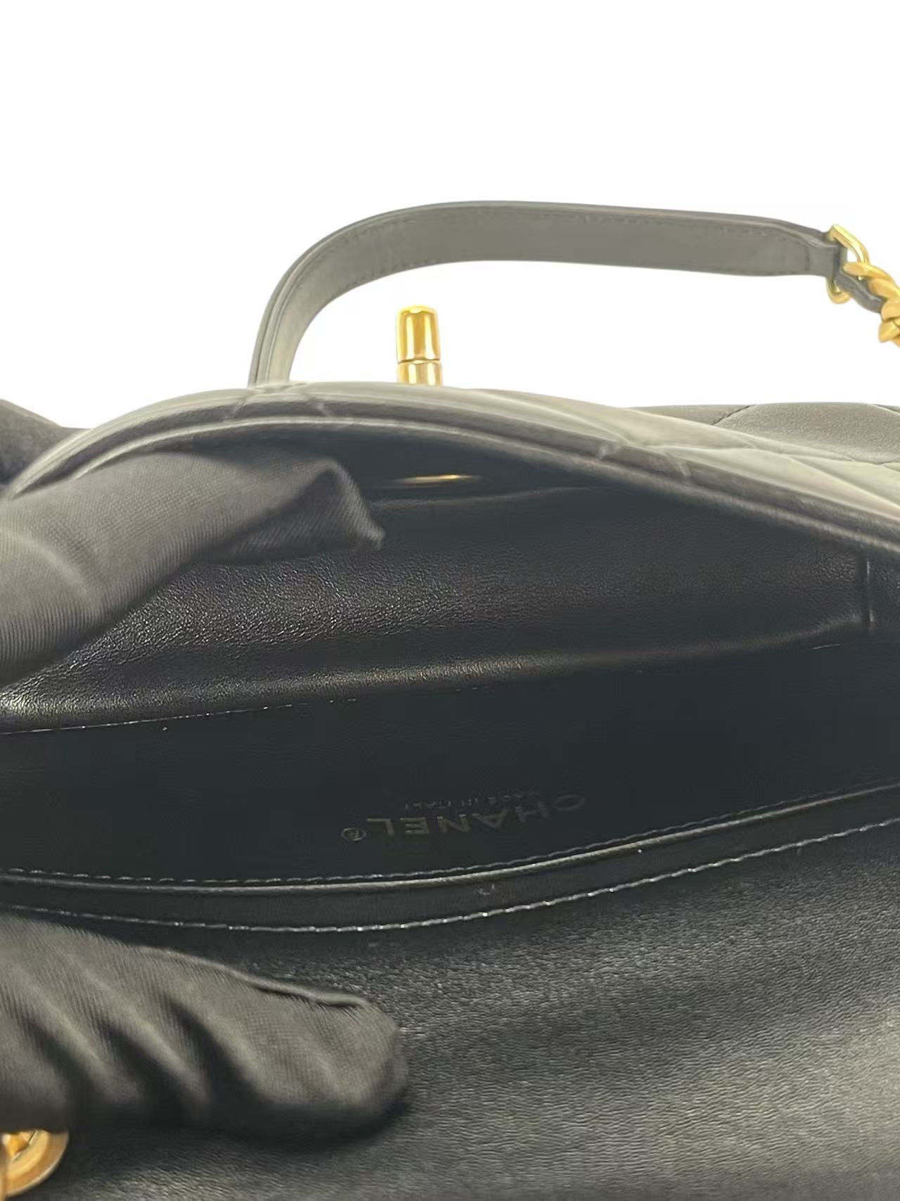 CHANEL - Black Calfskin Flap Bag with Top Handle