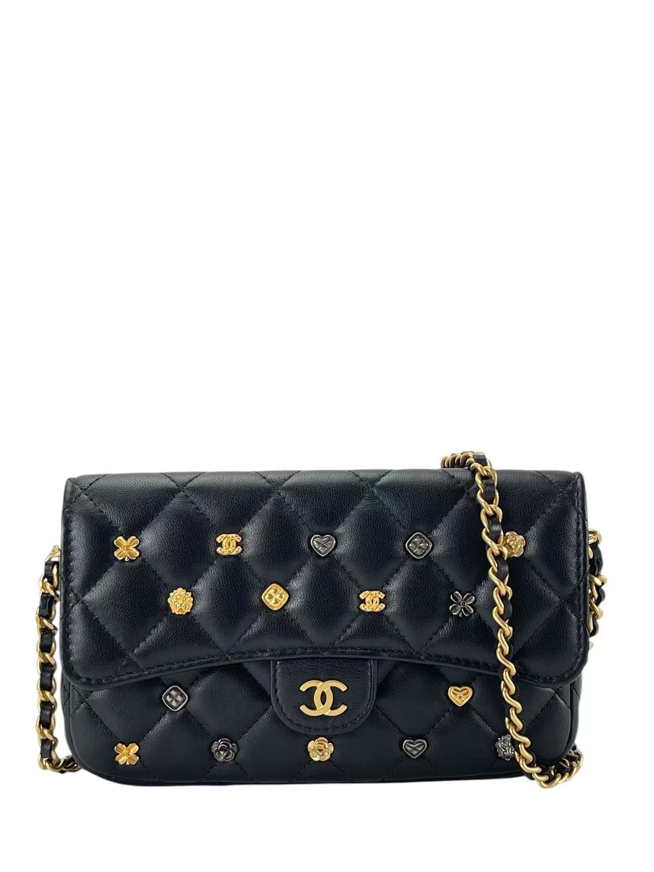 CHANEL - Lambskin Quilted Mini Coco Charms Rectangular Flap Bag Black