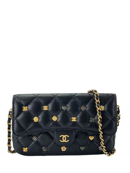 CHANEL - Lambskin Quilted Mini Coco Charms Rectangular Flap Bag Black