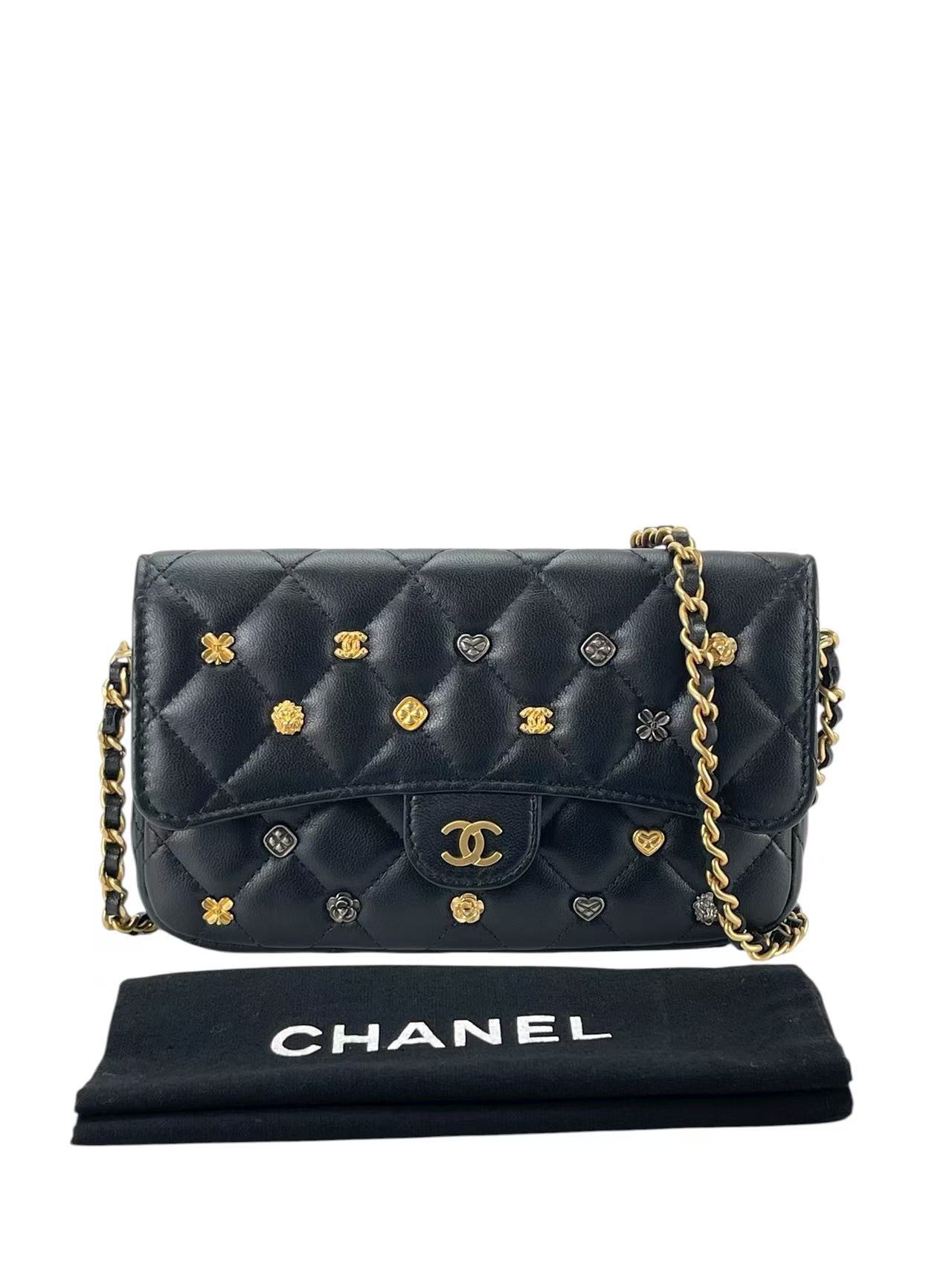 CHANEL - Lambskin Quilted Mini Coco Charms Rectangular Flap Bag Black