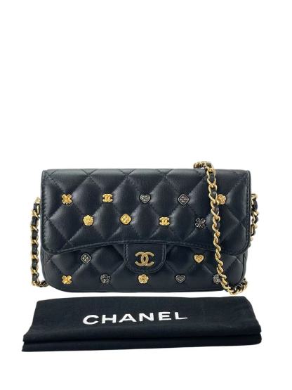 CHANEL - Lambskin Quilted Mini Coco Charms Rectangular Flap Bag Black