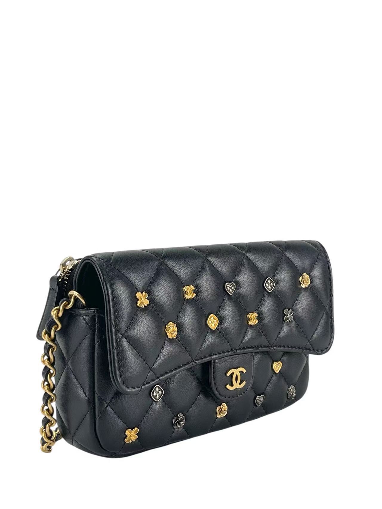 CHANEL - Lambskin Quilted Mini Coco Charms Rectangular Flap Bag Black