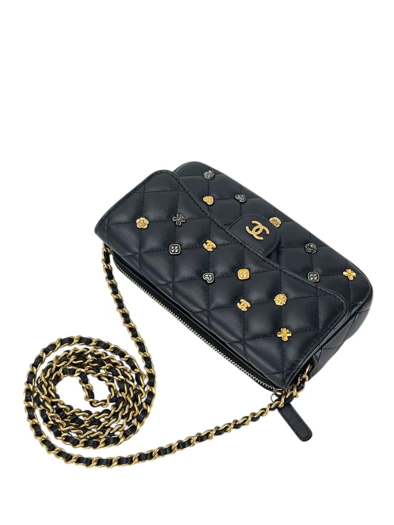 CHANEL - Lambskin Quilted Mini Coco Charms Rectangular Flap Bag Black