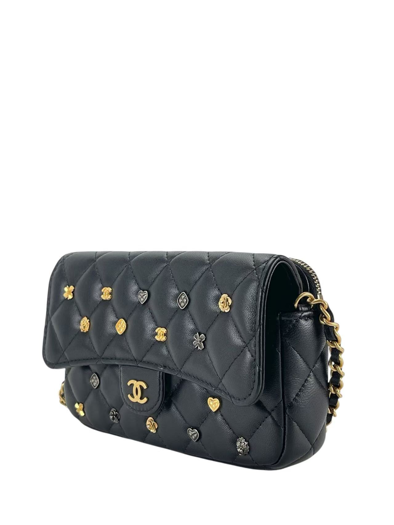 CHANEL - Lambskin Quilted Mini Coco Charms Rectangular Flap Bag Black