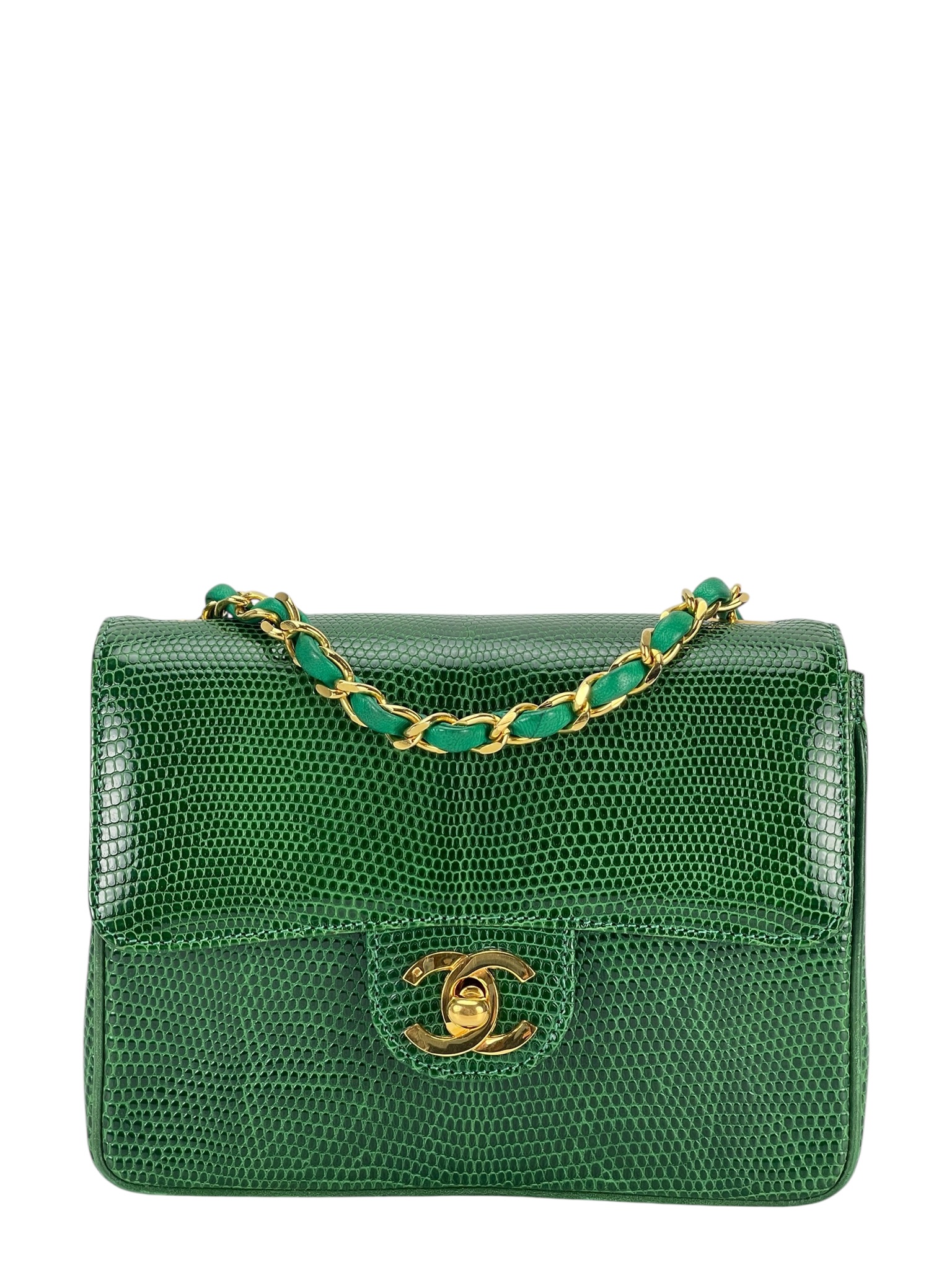 CHANEL - Mini Matelasse Chain Shoulder Bag Green Lizardskin 