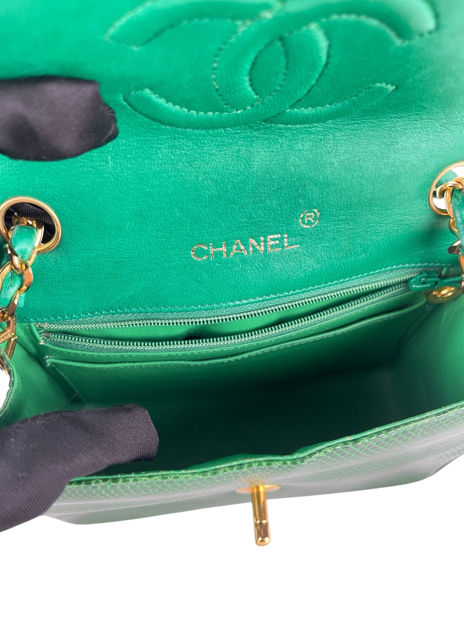 CHANEL - Mini Matelasse Chain Shoulder Bag Green Lizardskin 