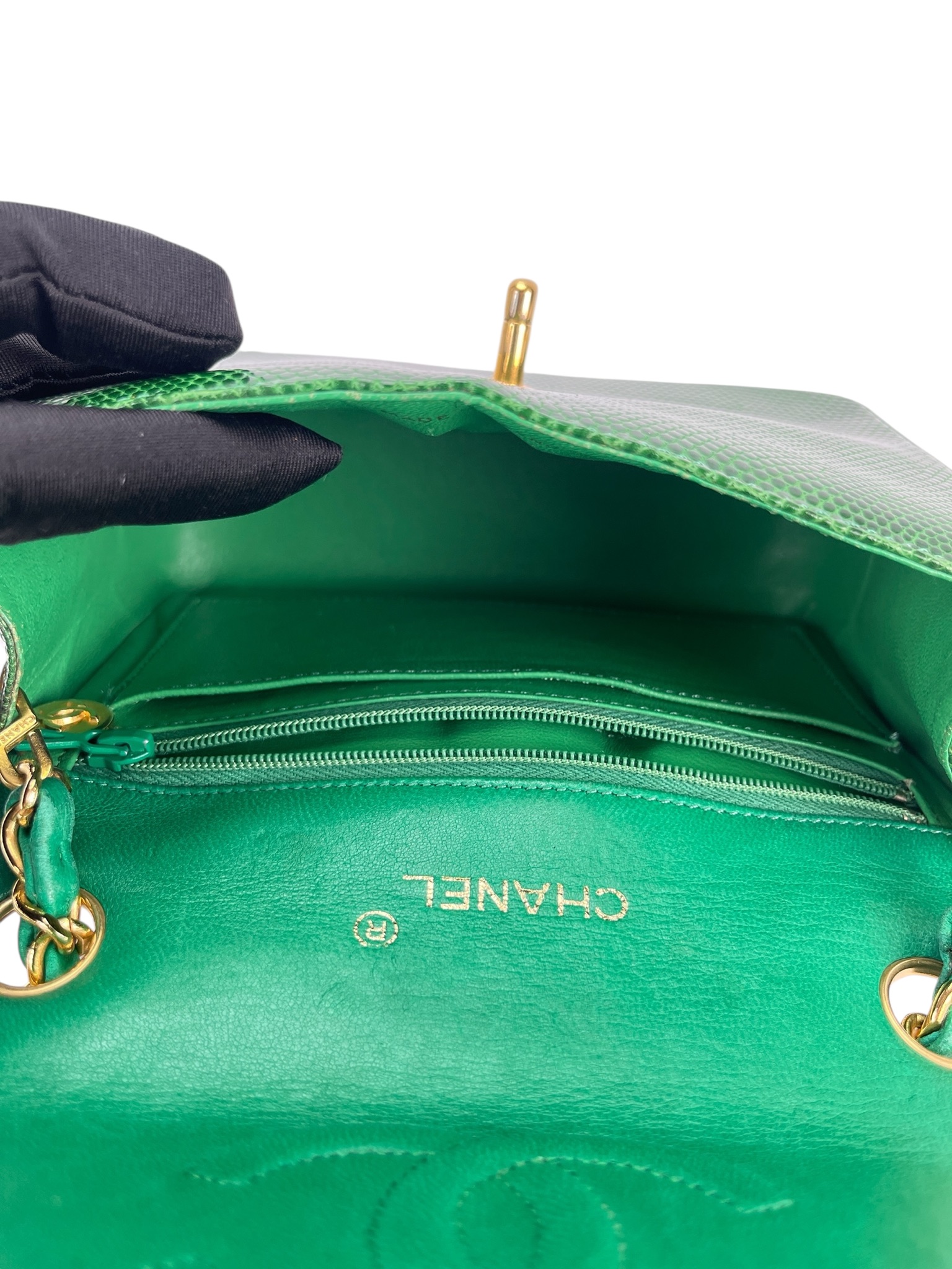 CHANEL - Mini Matelasse Chain Shoulder Bag Green Lizardskin 