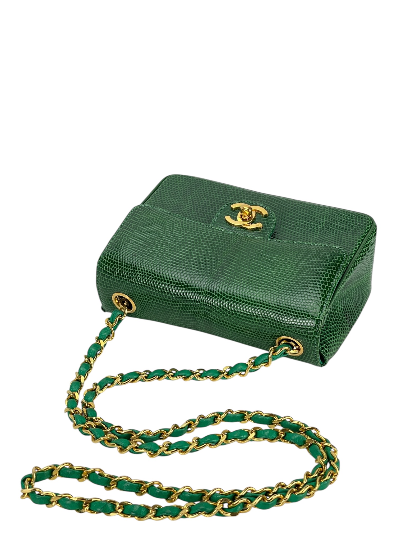 CHANEL - Mini Matelasse Chain Shoulder Bag Green Lizardskin 