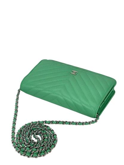 CHANEL - Green Caviar skin V-sitch Classic Wallet On Chain (WOC)