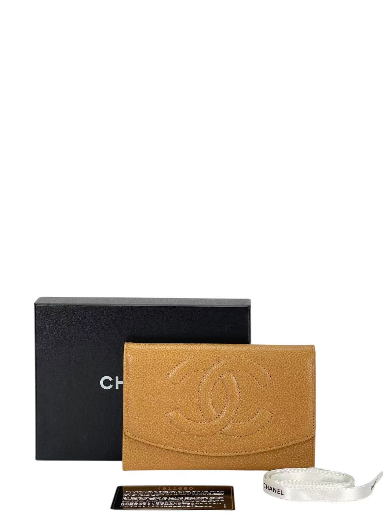 CHANEL - Beige Caviar Leather Tri-Fold Wallet
