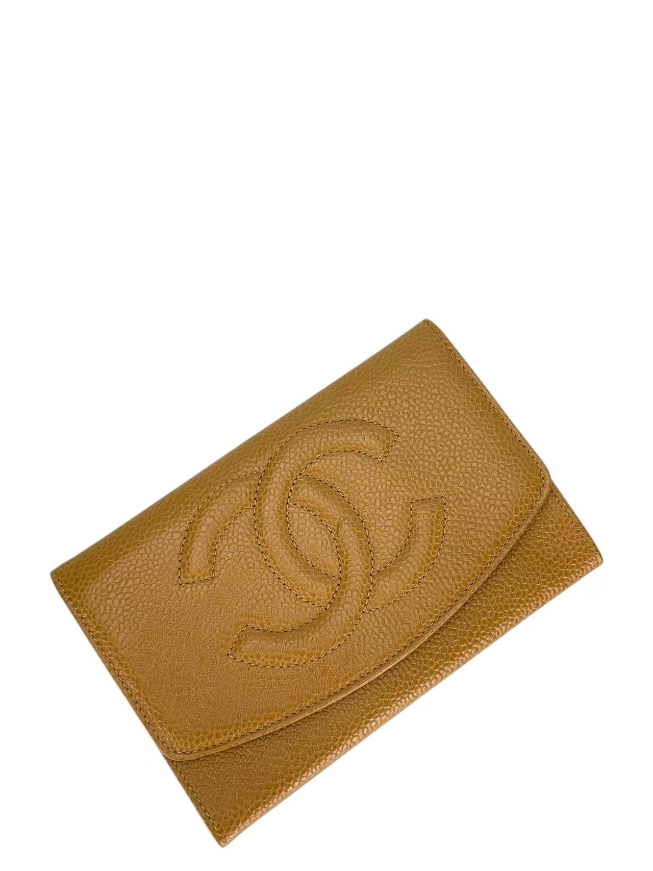 CHANEL - Beige Caviar Leather Tri-Fold Wallet