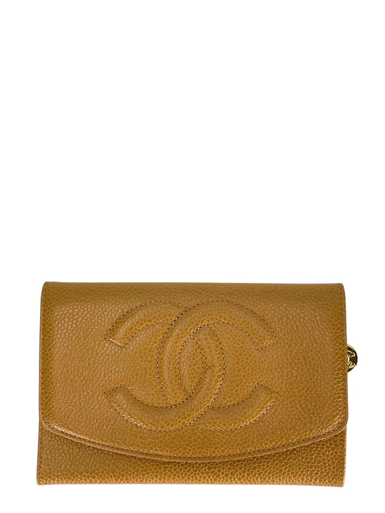 CHANEL - Beige Caviar Leather Tri-Fold Wallet