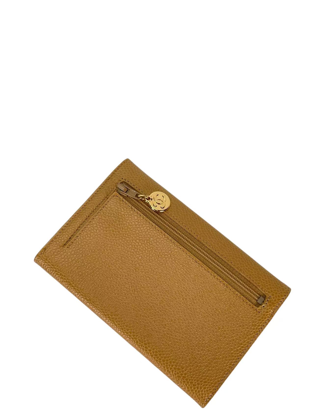 CHANEL - Beige Caviar Leather Tri-Fold Wallet