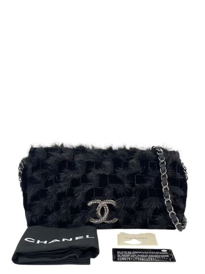 CHANEL - Coco Mark Black Fur & Vevlet Chain Shoulder Bag Sliver Hardware