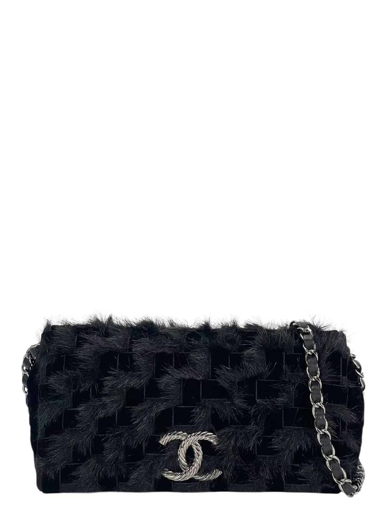 CHANEL - Coco Mark Black Fur & Vevlet Chain Shoulder Bag Sliver Hardware