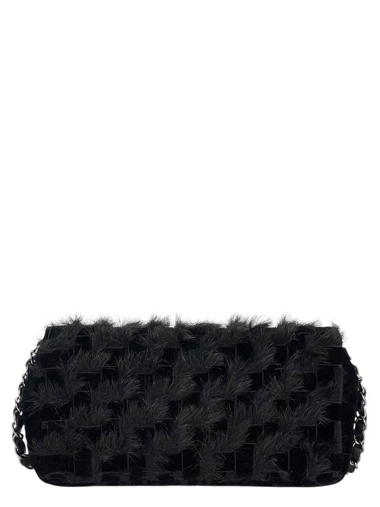 CHANEL - Coco Mark Black Fur & Vevlet Chain Shoulder Bag Sliver Hardware