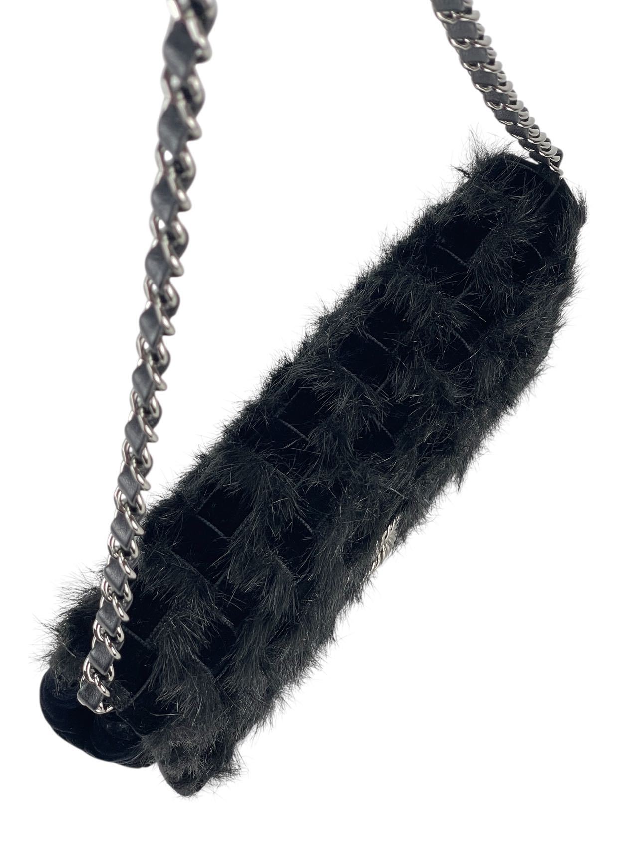CHANEL - Coco Mark Black Fur & Vevlet Chain Shoulder Bag Sliver Hardware