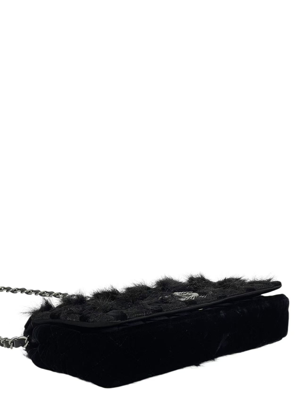 CHANEL - Coco Mark Black Fur & Vevlet Chain Shoulder Bag Sliver Hardware