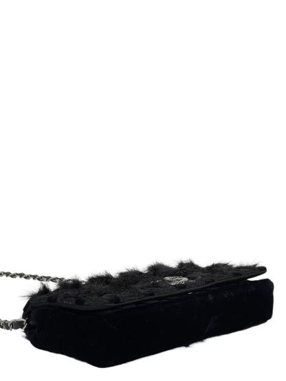 CHANEL - Coco Mark Black Fur & Vevlet Chain Shoulder Bag Sliver Hardware