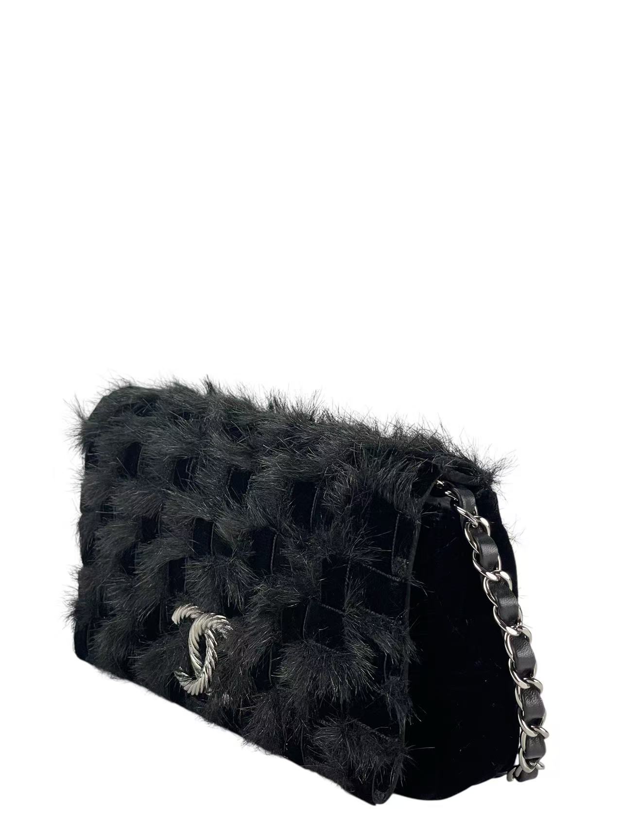 CHANEL - Coco Mark Black Fur & Vevlet Chain Shoulder Bag Sliver Hardware