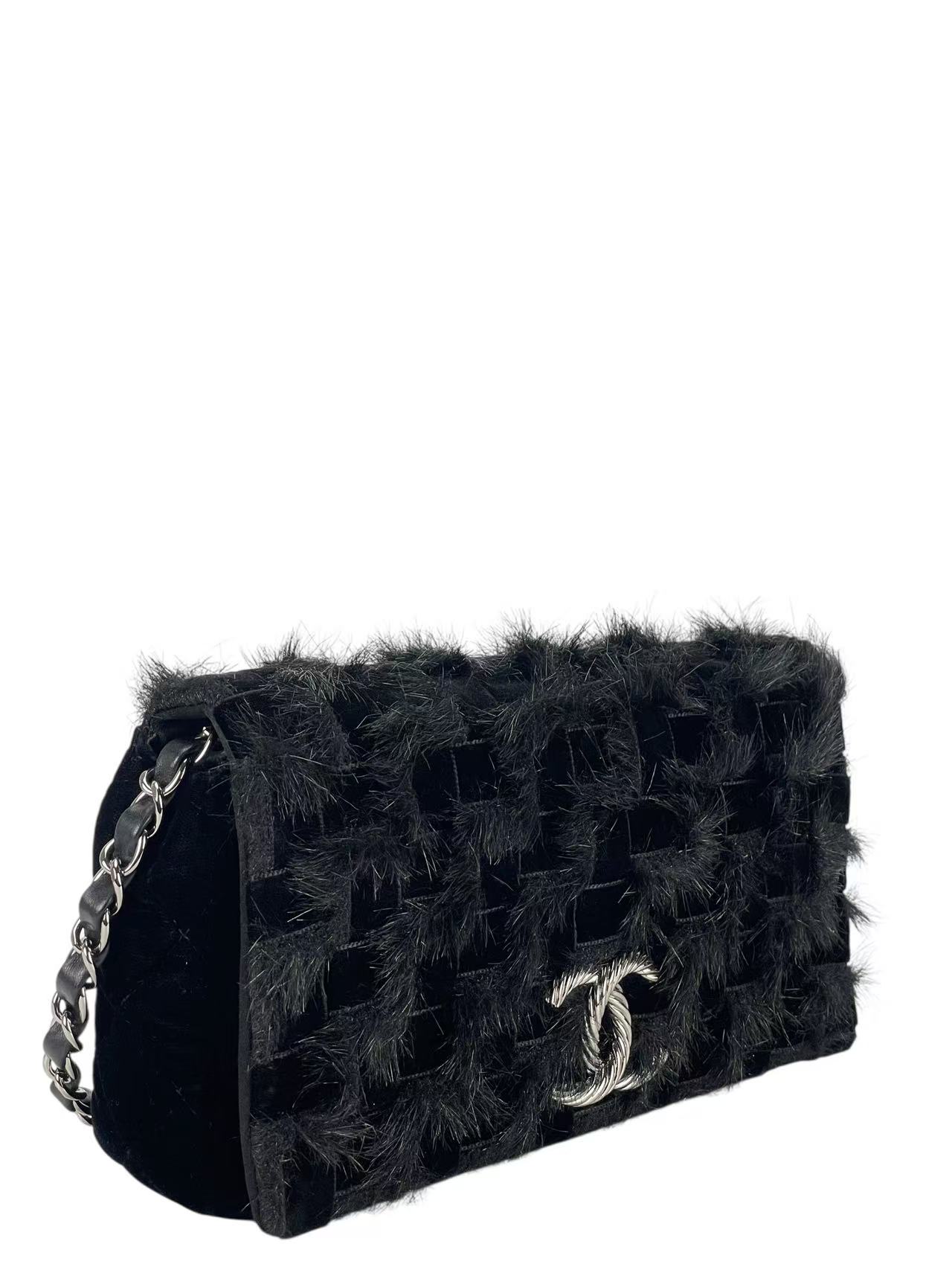 CHANEL - Coco Mark Black Fur & Vevlet Chain Shoulder Bag Sliver Hardware