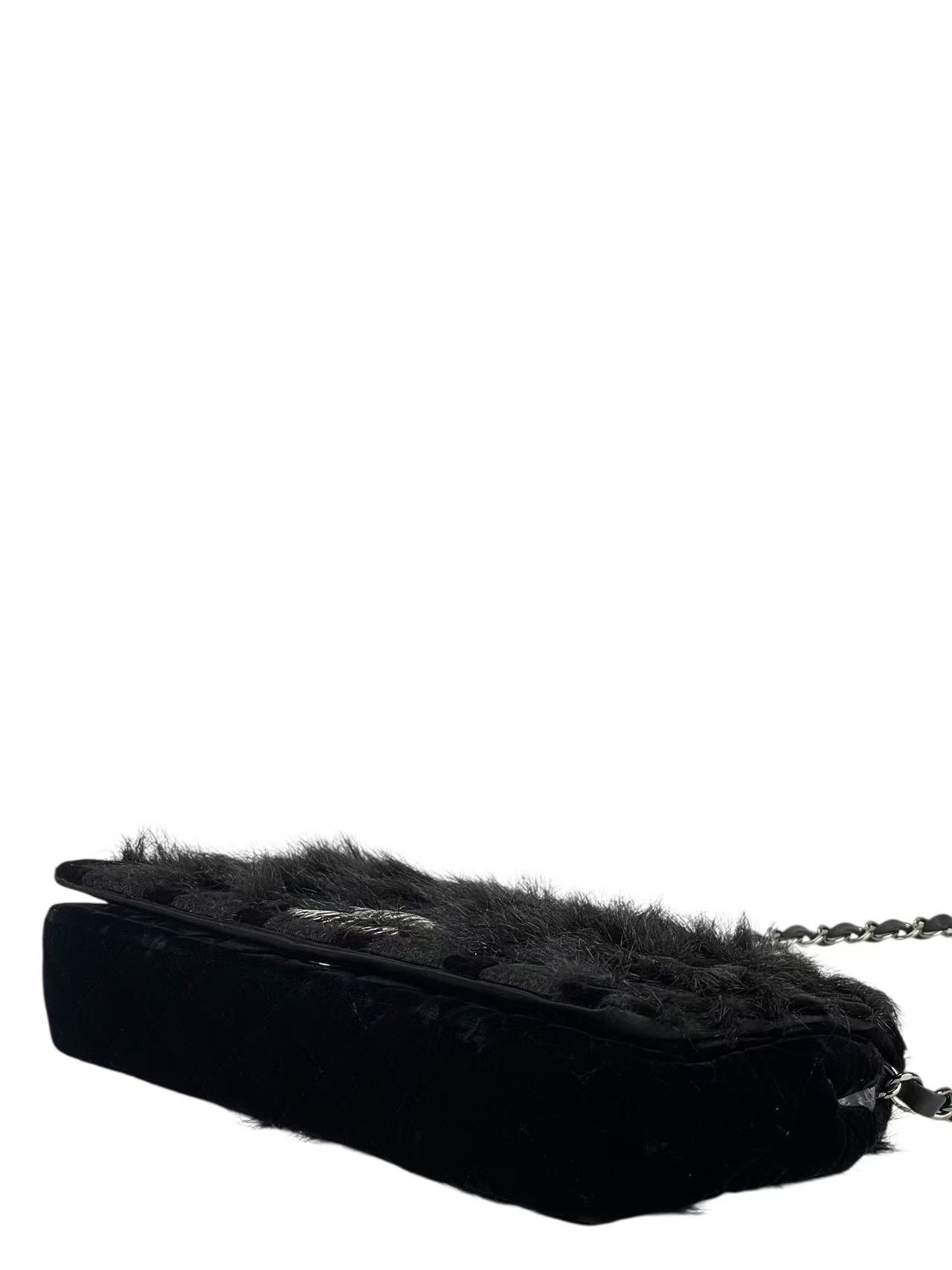 CHANEL - Coco Mark Black Fur & Vevlet Chain Shoulder Bag Sliver Hardware